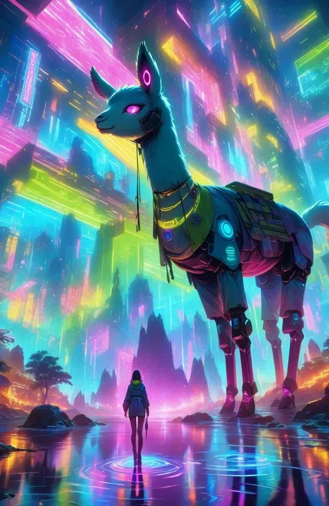 (Astronomy night sky, exotic landscape, extraordinary and detachment, science fiction, llama-shaped robot with advanced technology), (Best quality, 4K, high resolution), (Futuristic lighting, neon colors), cyberpunk-inspired brightness gradients, highly de...