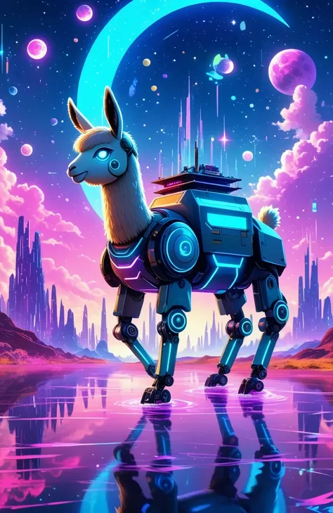 (astronomy night sky, exotic landscape, extraordinary and detachment, science fiction, llama-shaped robot with advanced technolo...