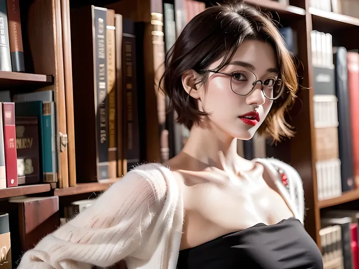 a red slightly wavy short hair young woman in her 20s big and slant red coloured shiny eyes, ultra ultra pale white skin, a horny face mimic, plump red lips, smart casual outfit, 3/4 body from front angle, in a low light library, with black frame glasses, 