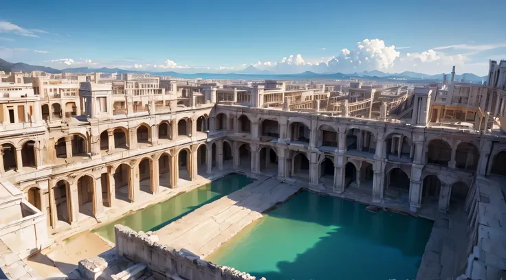 ((mejor calidad, 8K, obra maestra: 1.3)) panoramic of the ruins of a city, semi sumergida en el agua