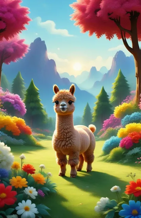 A cute alpaca in a vibrant garden, surrounded by colorful flowers, lush green grass, and tall trees. The alpaca has a fluffy coat, expressive eyes, and a friendly smile. The medium used to create this artwork is a detailed illustration. The additional deta...
