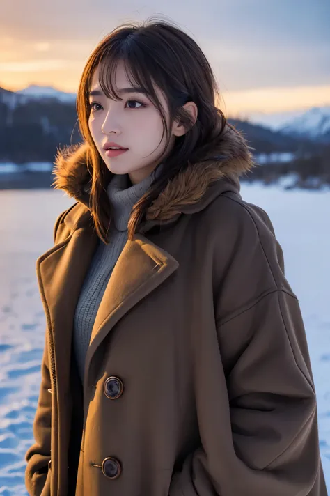 (Tabletop、highest quality、8k、Award-winning works、Ultra-high resolution)、One beautiful woman、(thick large fur coat:1.3)、that&#39;That&#39;s it、brown hair、(short hair:1.1)、Spectacular Cinema Lighting、(Romantic affection:1.1)、(The most romantic and moody atmo...