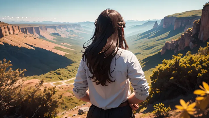 1 mulher olhando para o horizonte com montanhas com bastante flora, do alto de uma montanha, facing away from the camera, em um dia ensolarado
