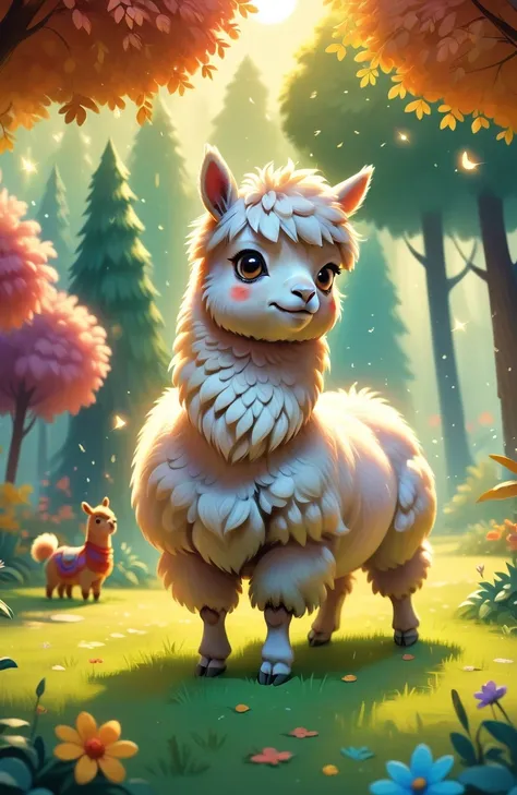 a girl with a playful smile, a cute and fluffy alpaca in a beautiful garden, soft sunlight streaming through the trees, vibrant flowers blooming in full color, lush green grass stretching endlessly, a gentle breeze rustling the leaves, the alpacas warm and...