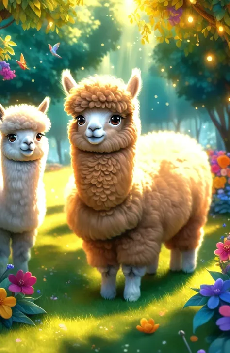 a girl with a playful smile, a cute and fluffy alpaca in a beautiful garden, soft sunlight streaming through the trees, vibrant flowers blooming in full color, lush green grass stretching endlessly, a gentle breeze rustling the leaves, the alpacas warm and...