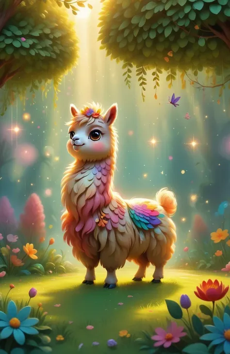 a girl with a playful smile, a cute and fluffy alpaca in a beautiful garden, soft sunlight streaming through the trees, vibrant flowers blooming in full color, lush green grass stretching endlessly, a gentle breeze rustling the leaves, the alpacas warm and...