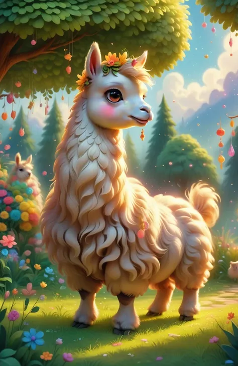 a girl with a playful smile, a cute and fluffy alpaca in a beautiful garden, soft sunlight streaming through the trees, vibrant ...