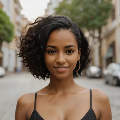 1 mulher negra, Foto realista, rosto detalhado, rua vazia, Detalhe muito alto, cabelo encaracolado, profundidade de campo, cabelo preto, , corpo todo, pelos pubianos, Sorridente.