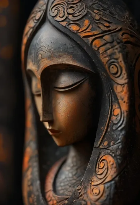 (masterpiece, best quality:1.2),Ornaments， Statue of the Virgin, ，color，Paint pottery in earthy tones，With subtle patterns and textures，Invoking ancient wisdom. Focus on the face，With depth of field and bokeh effects. This is a high resolution image，Intric...