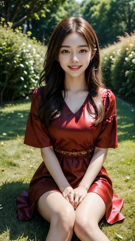 24 years beautiful Girl, korean Girl, 64K, (masterpiece: 1.4), Beautiful glitter Red colour frock dress, frock knee length, nature background, beautiful smile, (smile: 1.2), detailed background, detailed dress, ultra HD image quality, sitting on green gras...