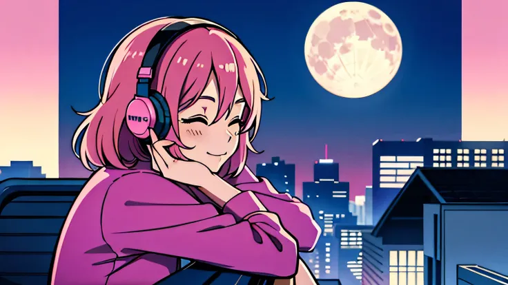 City Pop, girl, Pink Hair, alone, wearing headphones, prairie, close eyes, smile, full moon, sit on the roof