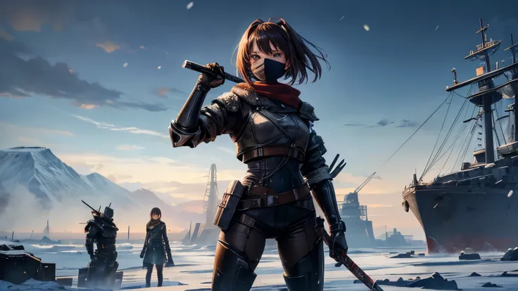 The background is an icy wasteland and many rusty remains of giant warships, stuck on land. An anime girl in the center, with a robotic arm and a metal mask on his face. The girl has a katana in her hand. The girl stands in a heroic pose. There&#39;s a ter...