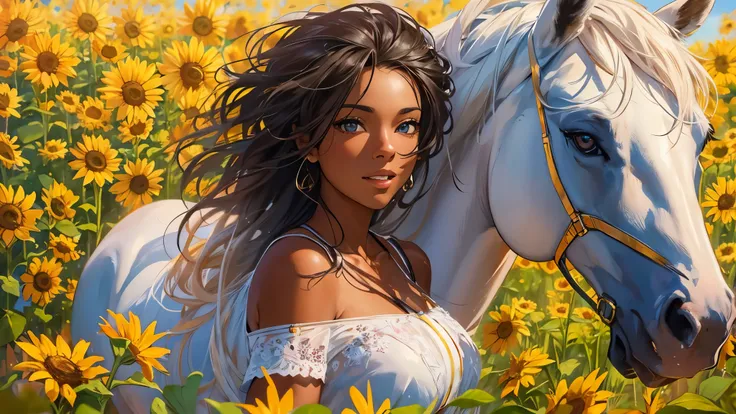 (best quality, highres, realistic), black girl, white horse, sunflower field, beautiful detailed eyes, flowing hair, vibrant colors, joyful expression, galloping horse, golden sunlight, soft shadows, picturesque landscape, oil painting style, realistic tex...