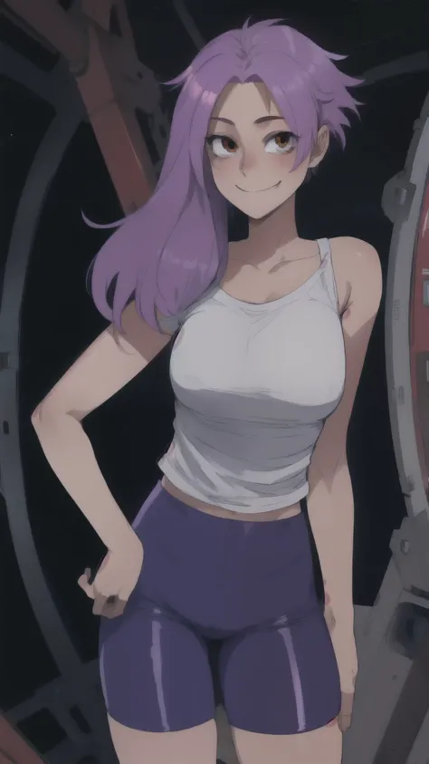 Edward,life, purple long hair,(white loose shirt),from the shoulder,
cycling shorts,Brown eyes,
smile,space station,Engine Room,hands on hips,
standing,upper body,
(insanely detailed, beautiful detailed face, masterpiece, Best quality)