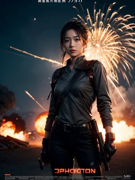 A movie poster of a beautiful Japanese girl with beautiful eyes, sci-fi, with a gun, explosions behind, cinematic lighting, smoke effect at the bottom, movie shot framing, high quality, ultra detail, 8k, promptingreal style, photon style