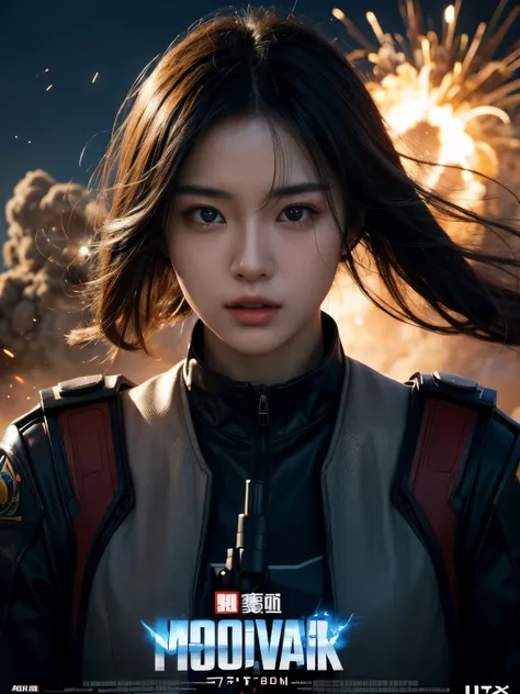 A movie poster of a beautiful Japanese girl with beautiful eyes, sci-fi, with a gun, explosions behind, cinematic lighting, smoke effect at the bottom, movie shot framing, high quality, ultra detail, 8k, promptingreal style, photon style