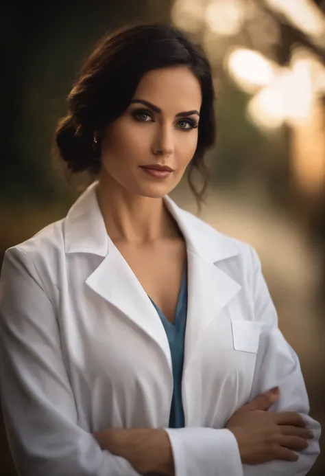 A beautiful 30-year-old girl wearing a white lab coat, with black hair and a beautiful face stands in front of a blurred background. The high-resolution image captures every detail of your costume, and cinematic lighting adds depth and drama to the scene