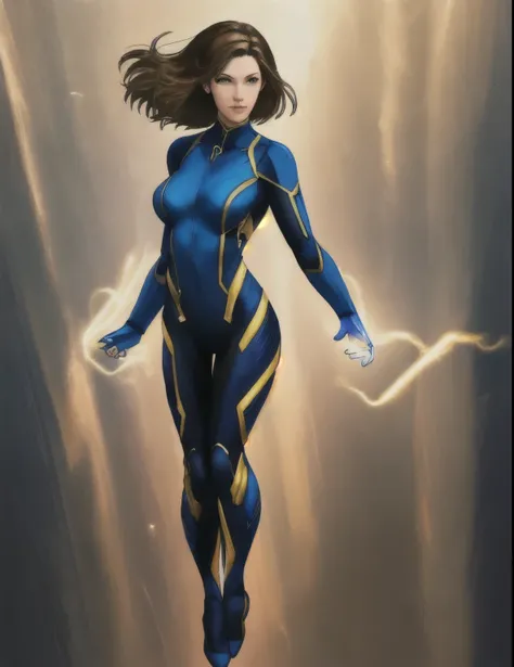 superhero suit, woman, full body, floating, electric powers, armor,,  bodysuit, realistic, brunette