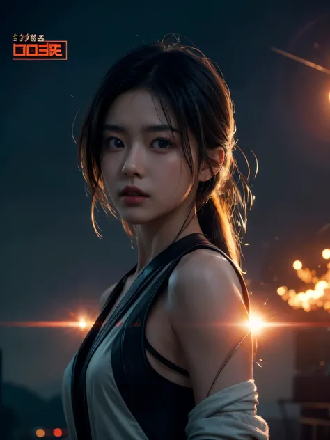 A movie poster of a beautiful Japanese girl with beautiful eyes, sci-fi, with a gun, explosions behind, cinematic lighting, smoke effect at the bottom, movie shot framing, high quality, ultra detail, 8k, promptingreal style, photon style