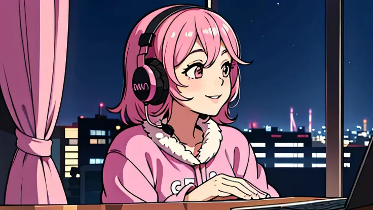 City Pop, girl, Pink Hair, alone, wearing headphones, study at home, midnight, light smile