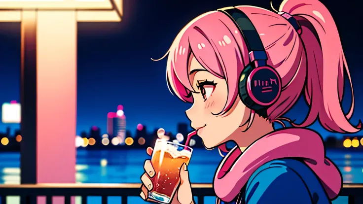 City Pop, girl, Pink Hair, alone, wearing headphones, midnight, light smile, jazzbar, drinking