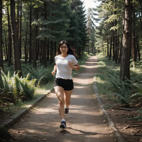 local asian girl with glasses run in the middle forest