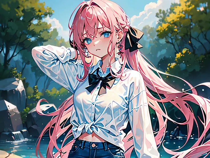 4K image of a young woman with pink hair, 17 years old, medium breasts, blue eyes, long hair in a braid, tied in a bow on the left...,, wearing a wet white shirt.  Long jeans, wearing earrings, lifting up his shirt to reveal a black undergarment, with a di...