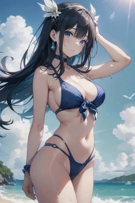 A Japanese goddess-like woman stands gracefully at the beach, her body adorned in a colorful Swimwear. The Swimwear, now wet from the sun and seawater, clings tightly to her curves, enhancing her slender figure. A cute girl in a tank top watches her from a...