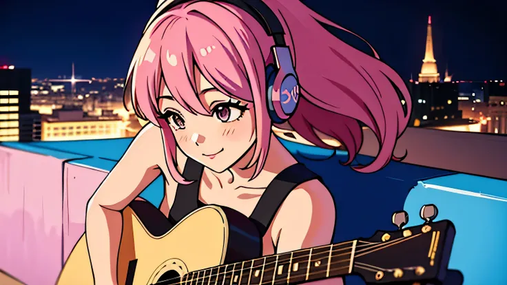 City Pop, girl, Pink Hair, alone, wearing headphones, midnight, light smile, playing guitar on the roof of a building