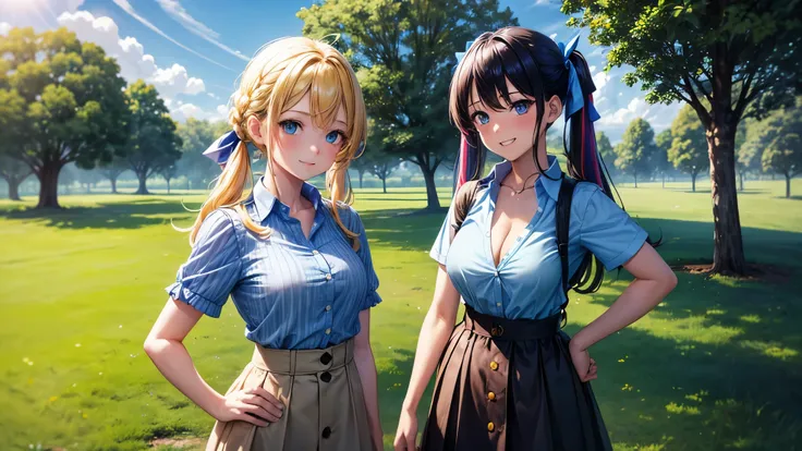 2girls, summer, village, trees, sun, clouds, ((colorful hair)), twintail, large breasts, button down, blue eyes, ((blue shirt)), ((unbuttoned shirt)), unbuttoning buttons, popping buttons, ((short sleeved shirt)), black mini skirt, brown shoes, grin, stand...