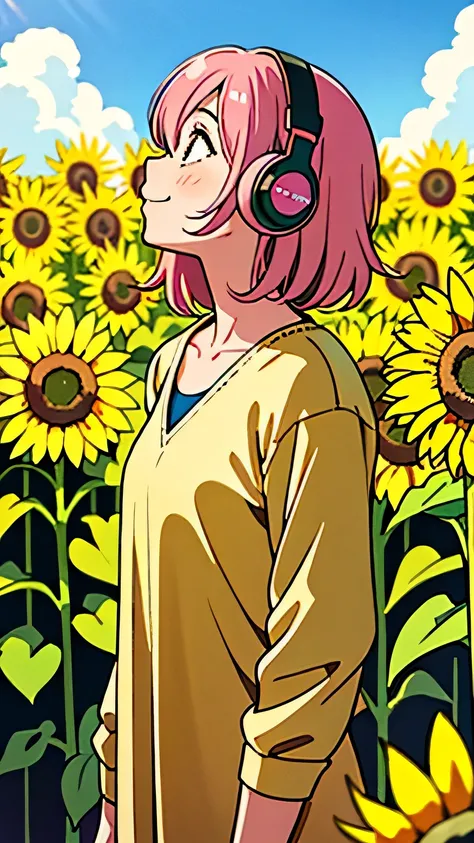 City Pop, girl, Pink Hair, alone, wearing headphones, look up, smile, Standing in the middle of a sunflower field, sunny day