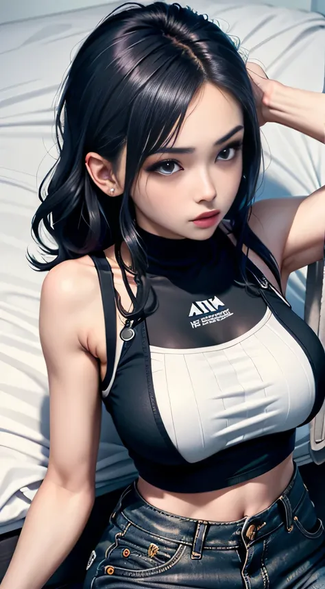 sfw, ((lying on bed top view)), there a woman sitting on a bench with headphones on, cute casual streetwear, photo of slim girl model, wearing cyberpunk streetwear, wearing a black cropped tank top, korean womens fashion model, all black cyberpunk clothes,...