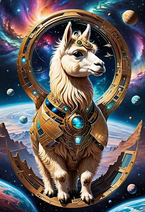  In a mystical juxtaposition, find an artistically detailed rendition of an alpaca soaring through space in a metallic spaceship, adorned with landscapes and fractal designs, granting engineerlike grace to the domesticated creature.