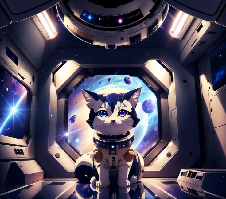 spaceship cat in a space station with a view of the planets