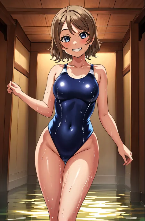 (Masterpiece), cowboy shot,solo, Watanabe you, wet, standing, grin, high-leg swimsuit, slippery 