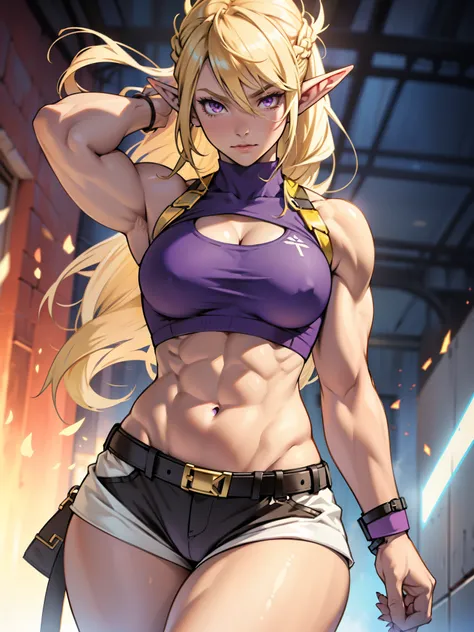 ((1 girl)), (solo), elf with pointy ears, (((muscular body))), purple eyes, blonde hair, long hair,perky breasts, crop top, hotpants