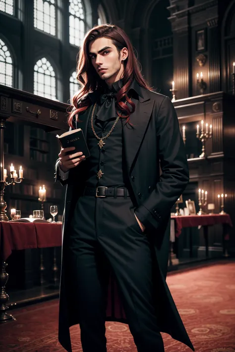 ((Best quality)), ((masterpiece)), (detailed), ((perfect face)), ((more than half of the body)) perfect proportions, He is a handsome man, He is 35 years old ((resemblance to Jon Kortajarena Redruello)), he has long wavy red hair, he is dressed in black Go...