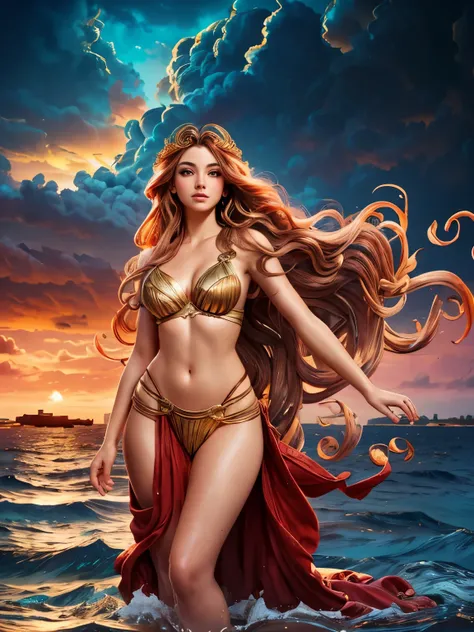 Surreal art of a beautiful woman embodying the goddess of the sea, standing on an ancient column immersed in the abstract, swirling waves of the sea, her long brown hair with bright golden locks fluttering in the stormy air as the spectacular setting sun p...