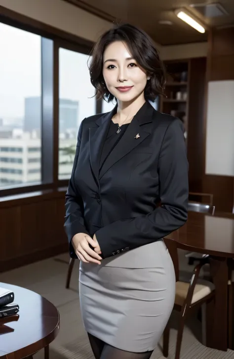 1 adult female, short hair, black hair color, smooth skin, brown eyes, to smile, vegetation, hour々, business woman style clothin...