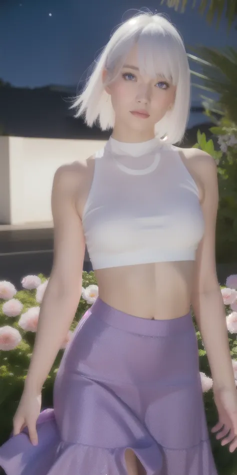 realistic, 1girl, white hair, purple eyes, glowing eyes, crop top, skirt, parted lips, blush, night, flowers, sun, sunlight,