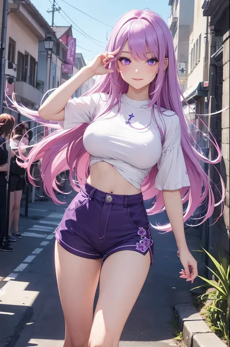 1girl (masterpiece, round_iris, extremely crisp crystalline shiny purple eyes, perfect_anatomy, extremely_captivating_hypnotic_mystic_eyes, ) perfect face, long pink hair, smiling evil, big breasts, shorts and white top, outside, going for a walk, dynamic ...