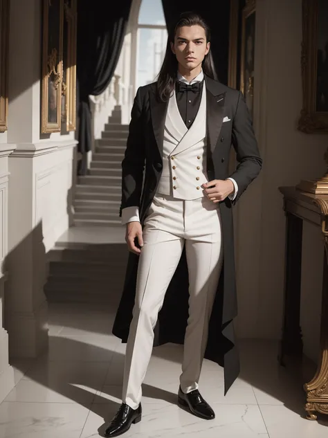 "(masterpiece, high quality, photorealistic style) 1 man, white long hair, black eyes, Victorian black and white tuxedo, standing in front of the main staircase."