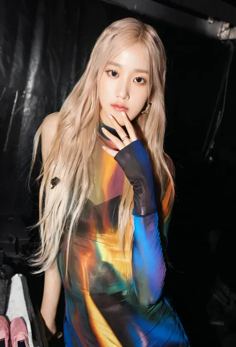 mujer rubia en un vestido colorido posando para una foto, parque roseanne de blackpink, Lalisa Manoban de Blackpink, portrait of jossi de blackpink, jossi de blackpink, brillante por la lluvia, Lalisa Manobal, reflejos especulares iridiscentes, de mi parte...