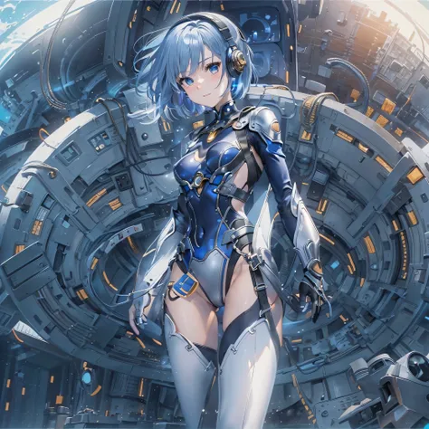 (masterpiece、highest quality、Highest Resolution、Clear_image、Detailed details、Angle from above): (Whole body、One 20 year old girl、Japanese Faces、Small Face、Slender、Navy blue super short bob cut hair、(Hidden small breasts:1.3)、Sparkling blue eyes、Shiny pilot...