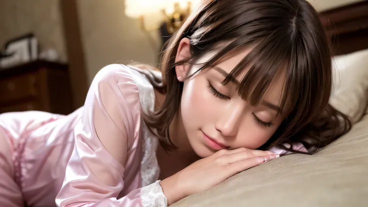 ((Close ~ eyes)), ((Full body photo)),masterpiece, One woman per photo, Upper Body Shot, view from the front, Composition looking down at the subject from above, Young and beautiful woman in Japan, Super cute face, 18-year-old, Sleeping in bed, Sweaty body...