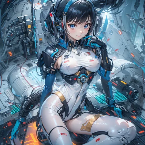 (masterpiece、highest quality、Highest Resolution、Clear_image、Detailed details、Angle from above): (Whole body、One 20 year old girl、Japanese Faces、Small Face、Slender、Navy blue super short bob cut hair、(Hidden small breasts:1.3)、Sparkling blue eyes、Shiny pilot...