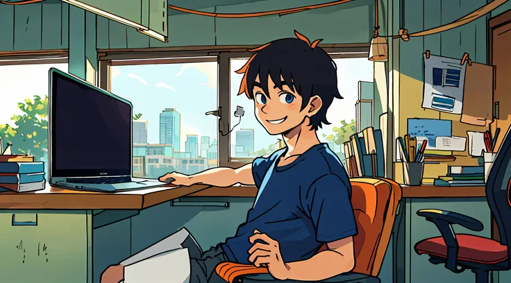 Homem de anime sentado na mesa com laptop, arte lofi, macho, louvar, um, sorridente,