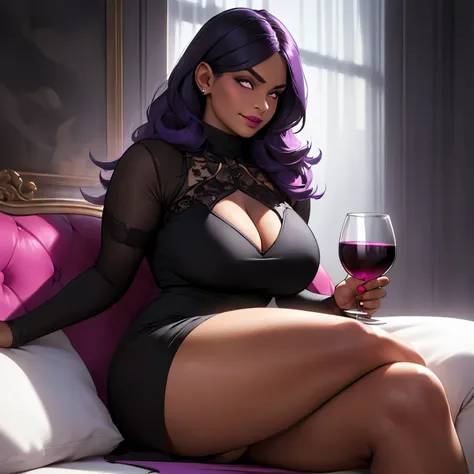 (best quality,ultra-detailed,realistic:1.37), very tanned skin,dominant female,wearing a form fitting black dress, has violet hair,thick thighs,curvy silhouette ,solo,alone,directed gaze,confident stance,vibrant colors,contrasting light and shadow,moody at...