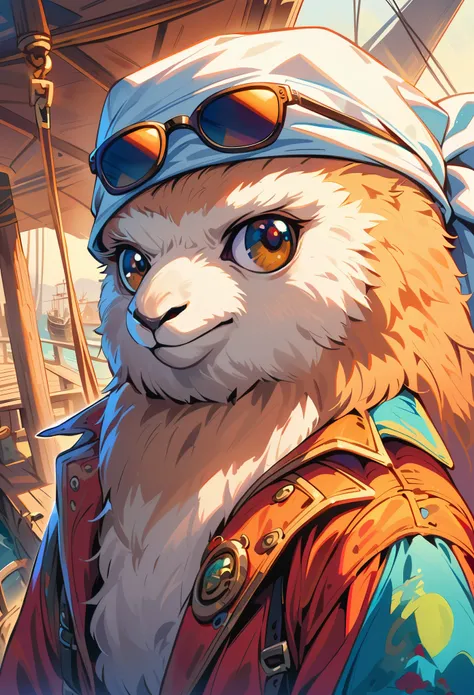 A hyperrealistic digital painting of an alpaca pirate, wearing sunglasses and bandana with a ship in the background. The style is reminiscent of Pixars animation, with vibrant colors and detailed textures on its wool coat. It has expressive eyes that conve...