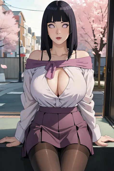 ((pantyhose )) ((huge tits))masterpiece, absurdres, hinata(boruto), 1girl, ((sexy mini college skirt))solo, mature female, off-shoulder oversized shirt, looking at viewer, (falling petals), perfect composition, detailed lips, beautiful face, body propotion...